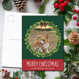 Merry Christmas Wreath Cute Custom Dog Photo Green Postcard