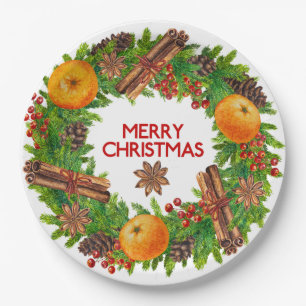 Merry Christmas Wreath Evergreen Watercolor Fruit Paper Plate