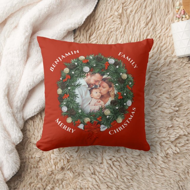 Merry Christmas Wreath Family Photo Personalise  Cushion (Blanket)