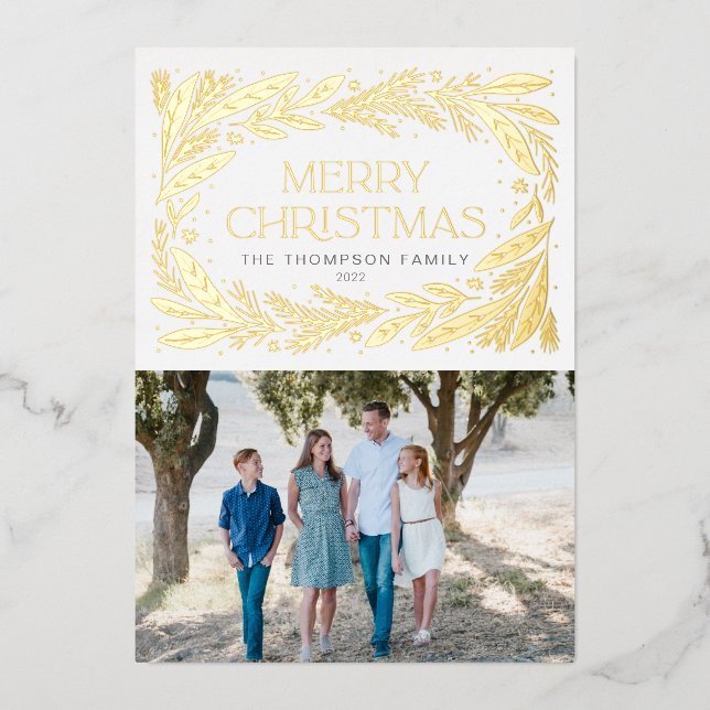 Merry Christmas Wreath frame design Foil Holiday Card (Front)