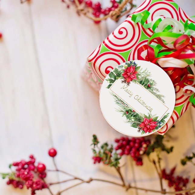 Merry Christmas Wreath Framed Winter Red Greeting Classic Round Sticker (Creator Uploaded)