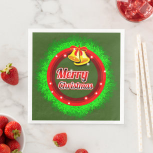 Merry Christmas Wreath Gold Bell Red Green  Napkin