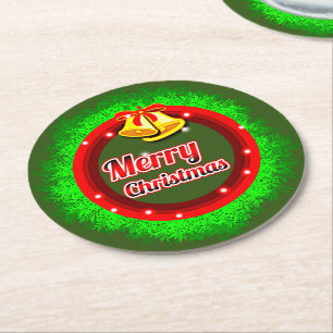 Merry Christmas Wreath Gold Bell Red Green Round Paper Coaster