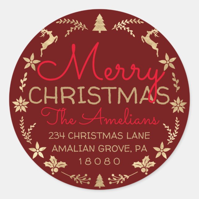 Merry Christmas Wreath Gold Rustic RSVP Burgundy Classic Round Sticker (Front)