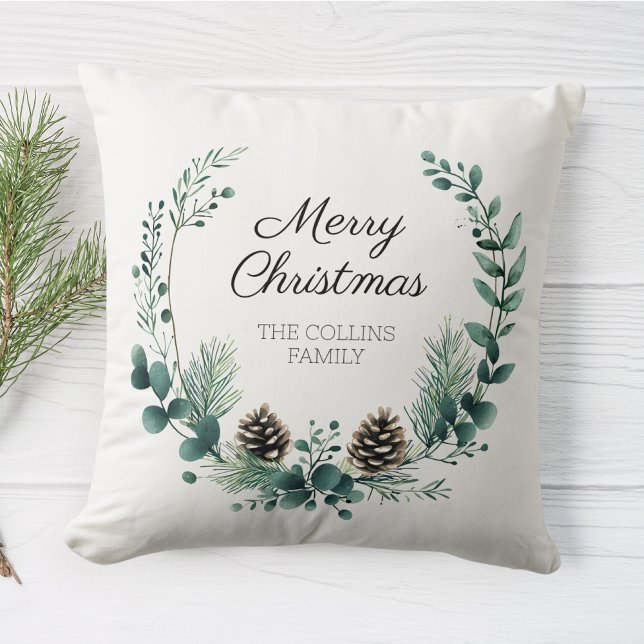 Merry Christmas Wreath Green Pine Cone Farmhouse Cushion (Creator Uploaded)