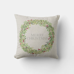 Merry Christmas Wreath grey burlap Cushion