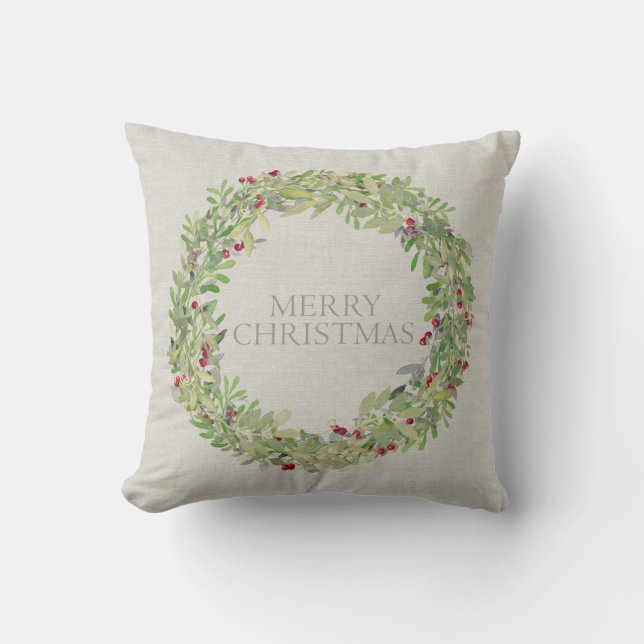 Merry Christmas Wreath grey burlap Cushion (Front)