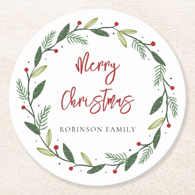Merry Christmas Wreath Handwritten Family Festive Round Paper Coaster (Front)