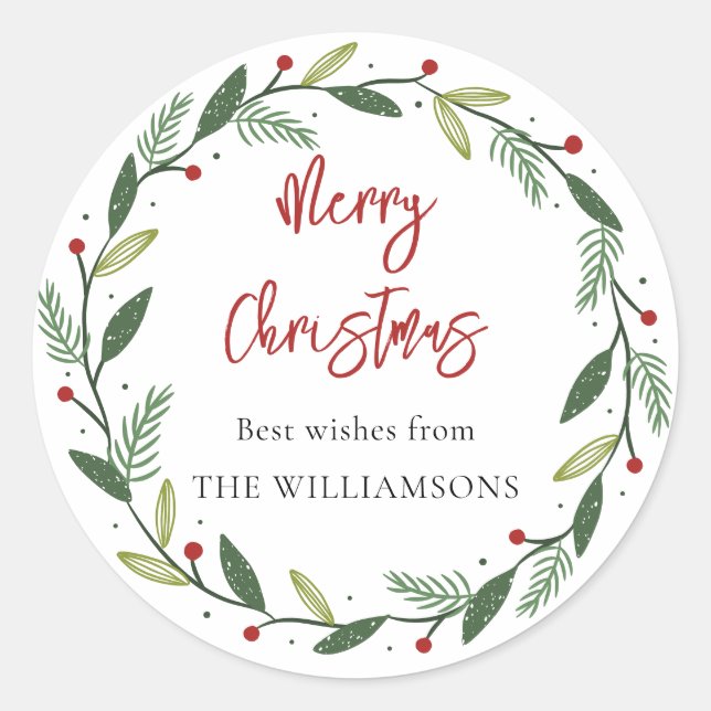 Merry Christmas Wreath Handwritten Script Classic Round Sticker (Front)