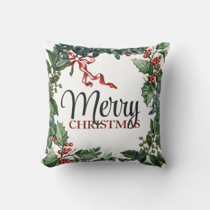 Merry Christmas Wreath Holiday Greenery Bow  Cushion