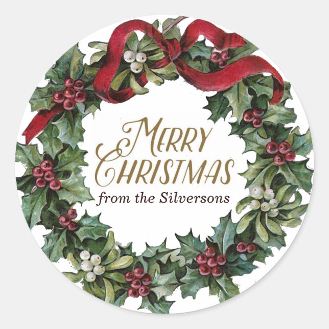Merry Christmas Wreath Holly Mistletoe Customised Classic Round Sticker (Front)