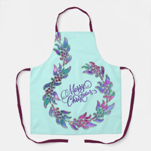 Merry Christmas Wreath Jewel Tones Apron