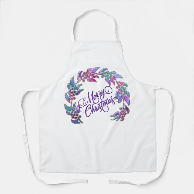 Merry Christmas Wreath Jewel Tones Apron (Front)