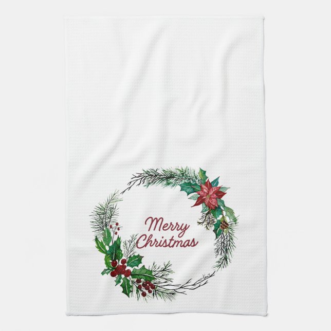 Merry Christmas Wreath Kitchen Towel (Vertical)