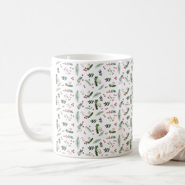 Merry Christmas Wreath Leaves Pattern  Coffee Mug (With Donut)