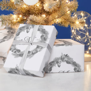 Merry Christmas Wreath Monochrome Black White Wrapping Paper