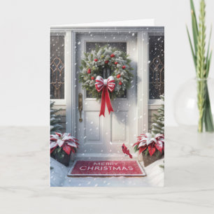 Merry Christmas Wreath On House Door Holiday Card