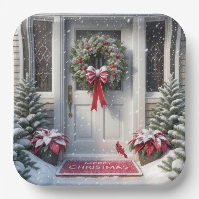 Merry Christmas Wreath On House Door Paper Plate (Front)