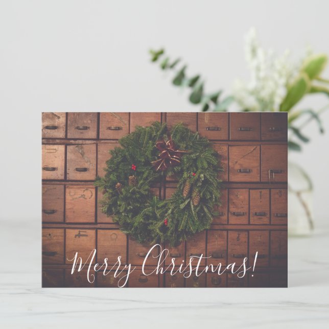 Merry Christmas Wreath on Wooden Boxes Holiday Card (Standing Front)