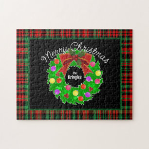 Merry Christmas Wreath Personalise Red Green Plaid Jigsaw Puzzle