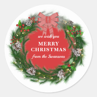 Merry Christmas Wreath Personalised Family Name Classic Round Sticker