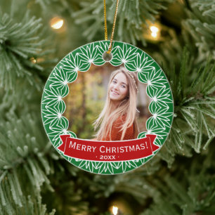 Merry Christmas Wreath Personalised Holiday Photo Ceramic Tree Decoration