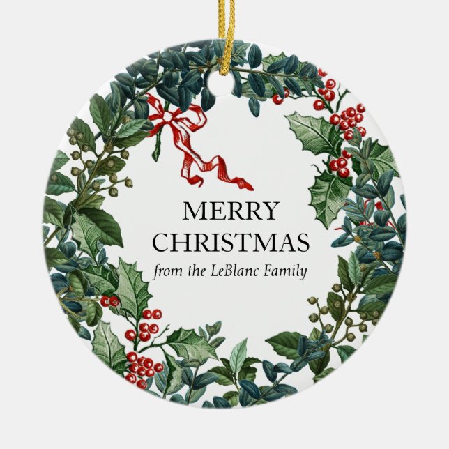 Merry Christmas Wreath Personalised Red Bow Green  Ceramic Ornament (Front)