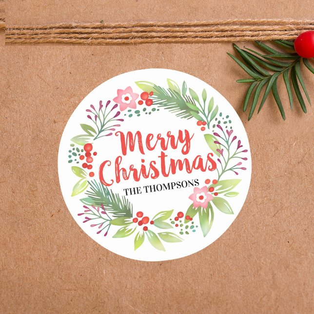 Merry Christmas Wreath Personalised Script Classic Round Sticker (Creator Uploaded)