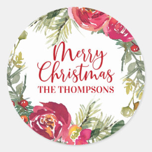 Merry Christmas Wreath Personalised Script Classic Round Sticker