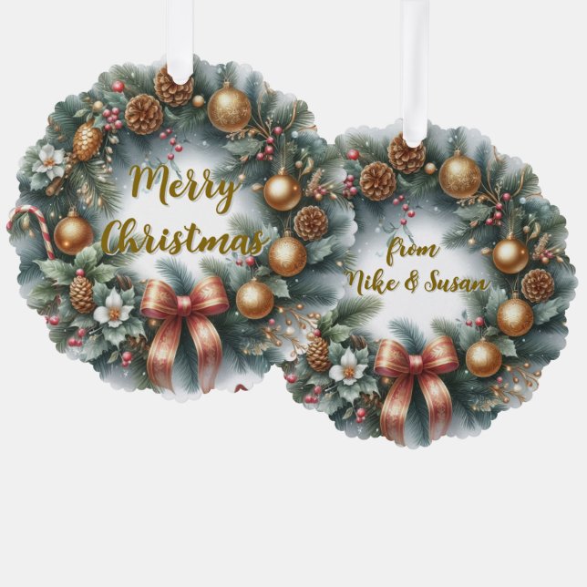 Merry Christmas Wreath Personalised  Tree Decoration Card (Front/Back)