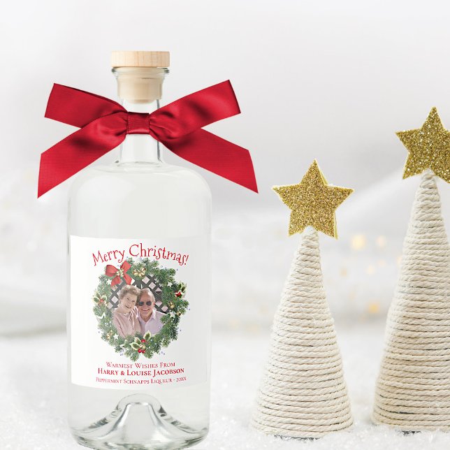 Merry Christmas Wreath Photo Frame Fun Holiday Liquor Bottle Label (In Situ with Bow & Decor)