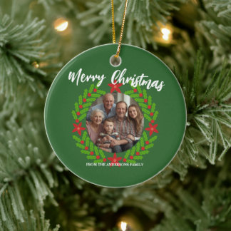 Merry Christmas Wreath Photo Holiday Family Name Ceramic Ornament