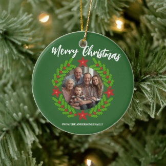 Merry Christmas Wreath Photo Holiday Family Name Ceramic Ornament