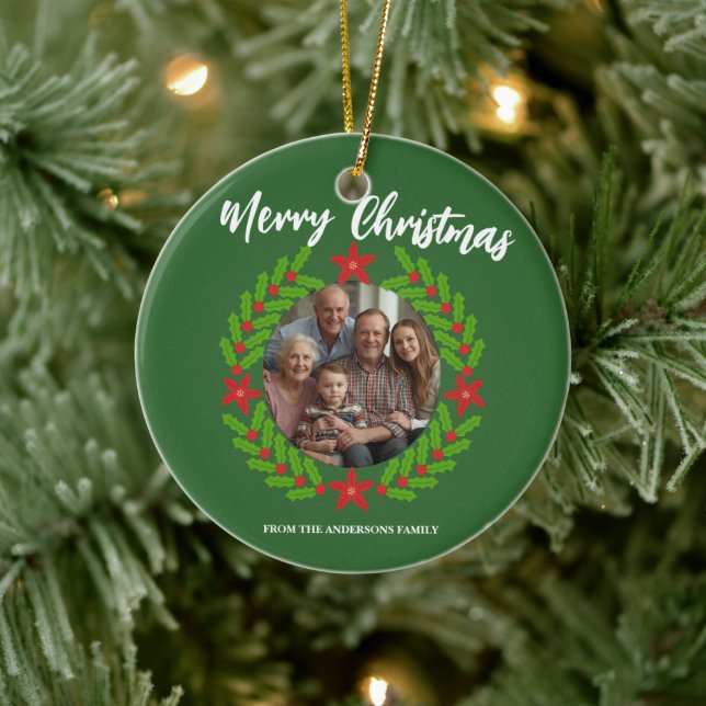 Merry Christmas Wreath Photo Holiday Family Name Ceramic Ornament (Tree)