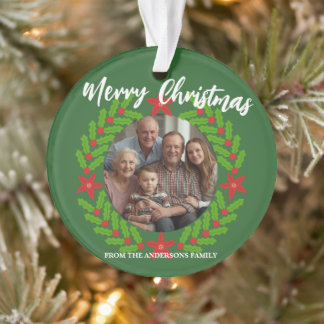 Merry Christmas Wreath Photo Holiday Family Name Ornament