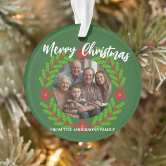 Merry Christmas Wreath Photo Holiday Family Name Ornament