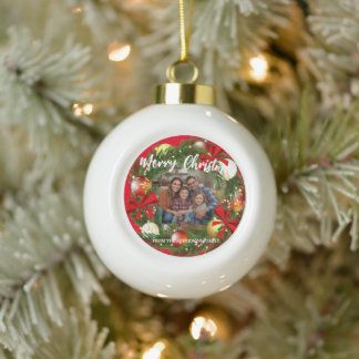 Merry Christmas Wreath Photo Personalized Family N Ceramic Ball Christmas Ornament