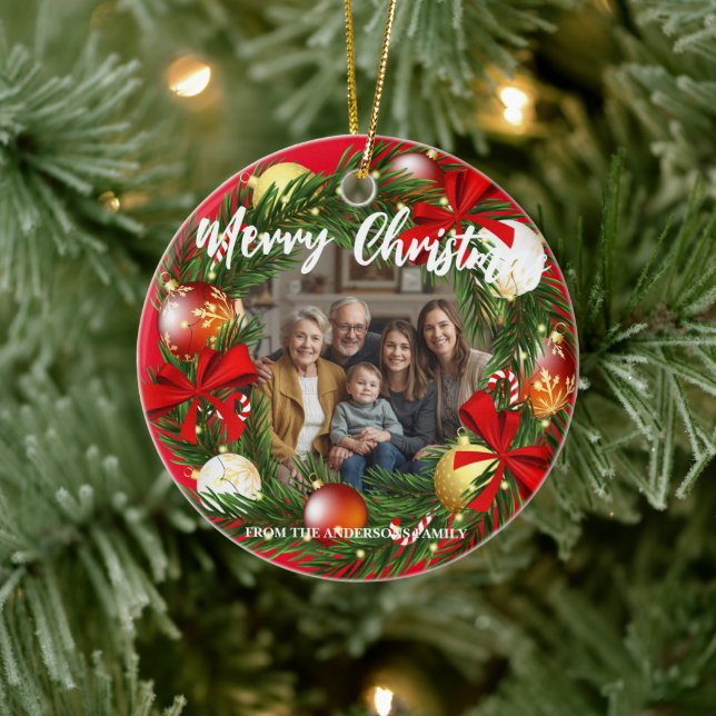 Merry Christmas Wreath Photo Personalized Family N Ceramic Ornament (Tree)