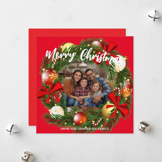Merry Christmas Wreath Photo Personalized Family N Holiday Card (Front/Back In Situ)