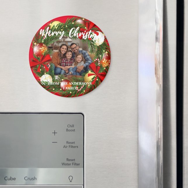 Merry Christmas Wreath Photo Personalized Family N Magnet (In Situ (Fridge))