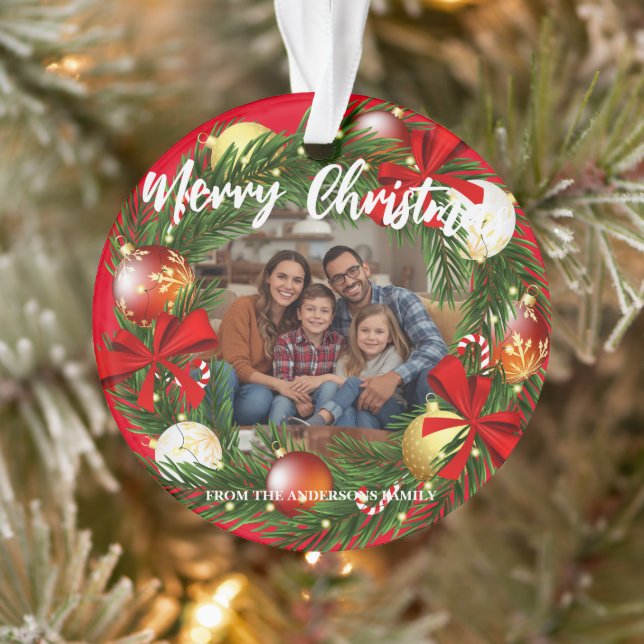 Merry Christmas Wreath Photo Personalized Family N Ornament (Tree)