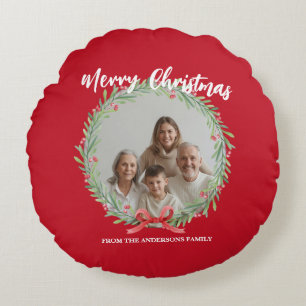 Merry Christmas Wreath Photo Personalized Family N Round Cushion