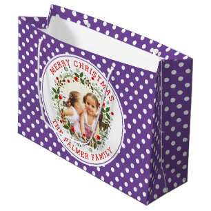 Merry Christmas wreath purple polka dots photo Large Gift Bag