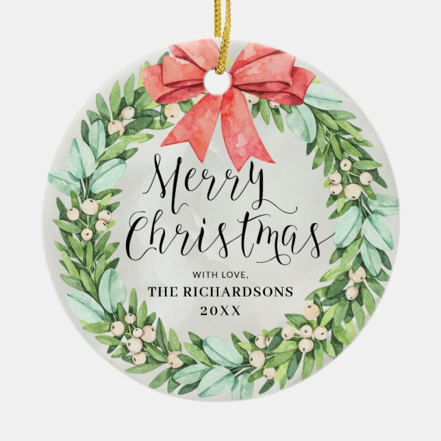 Merry Christmas Wreath Red Bow Family Photo Ceramic Ornament (Front)