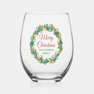 Merry Christmas Wreath Red Green Custom Stemless Wine Glass