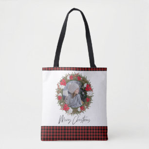 Merry Christmas Wreath Red Paid with Photo Tote Bag