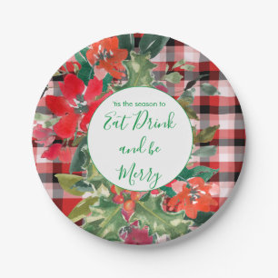 Merry Christmas Wreath Red Plaid Green Paper Plate