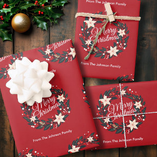 Merry Christmas Wreath Red Poinsettia Family Name Wrapping Paper Sheet