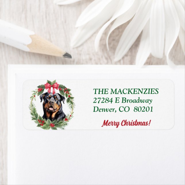 Merry Christmas Wreath Rottweiler Return Address Label (Insitu)