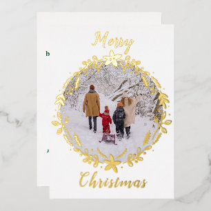 Merry Christmas Wreath Round Picture Foil Holiday Card